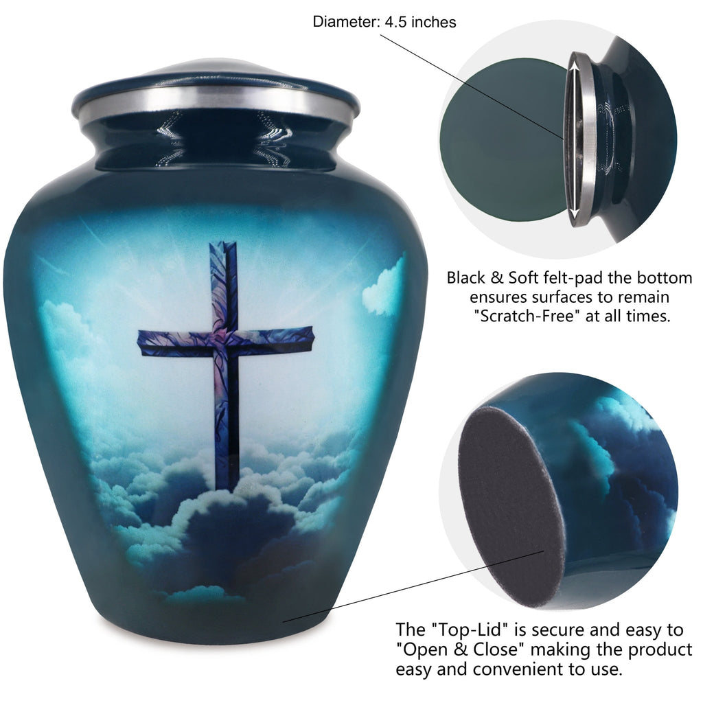 Metal cremation urn with turquoise cross artwork and secure threaded top lid shown in detailed close-up