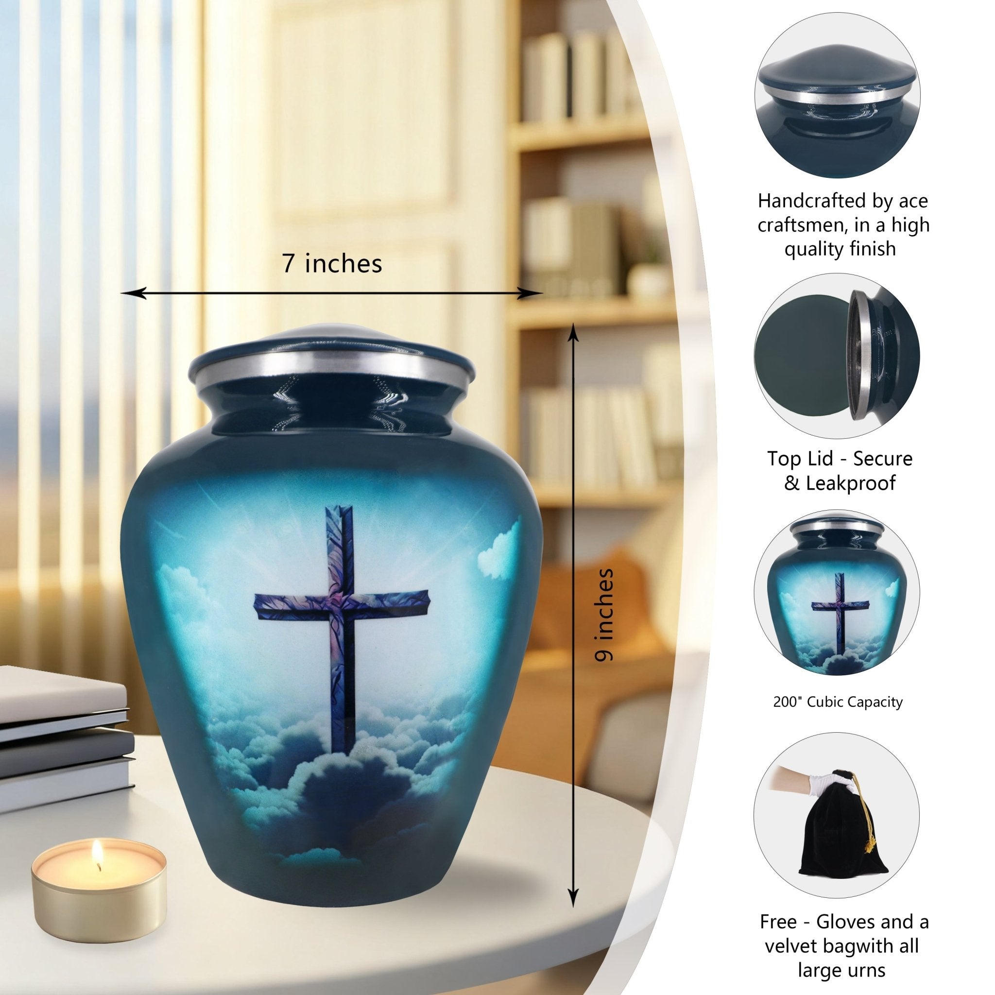 Complete teal cross metal urns for cremation ashes, full size set with dimension measurements and accessory reference