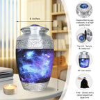Full-size urn for human ashes with blue cosmic galaxy design, 200 cu in capacity, size guide and memorial accessories