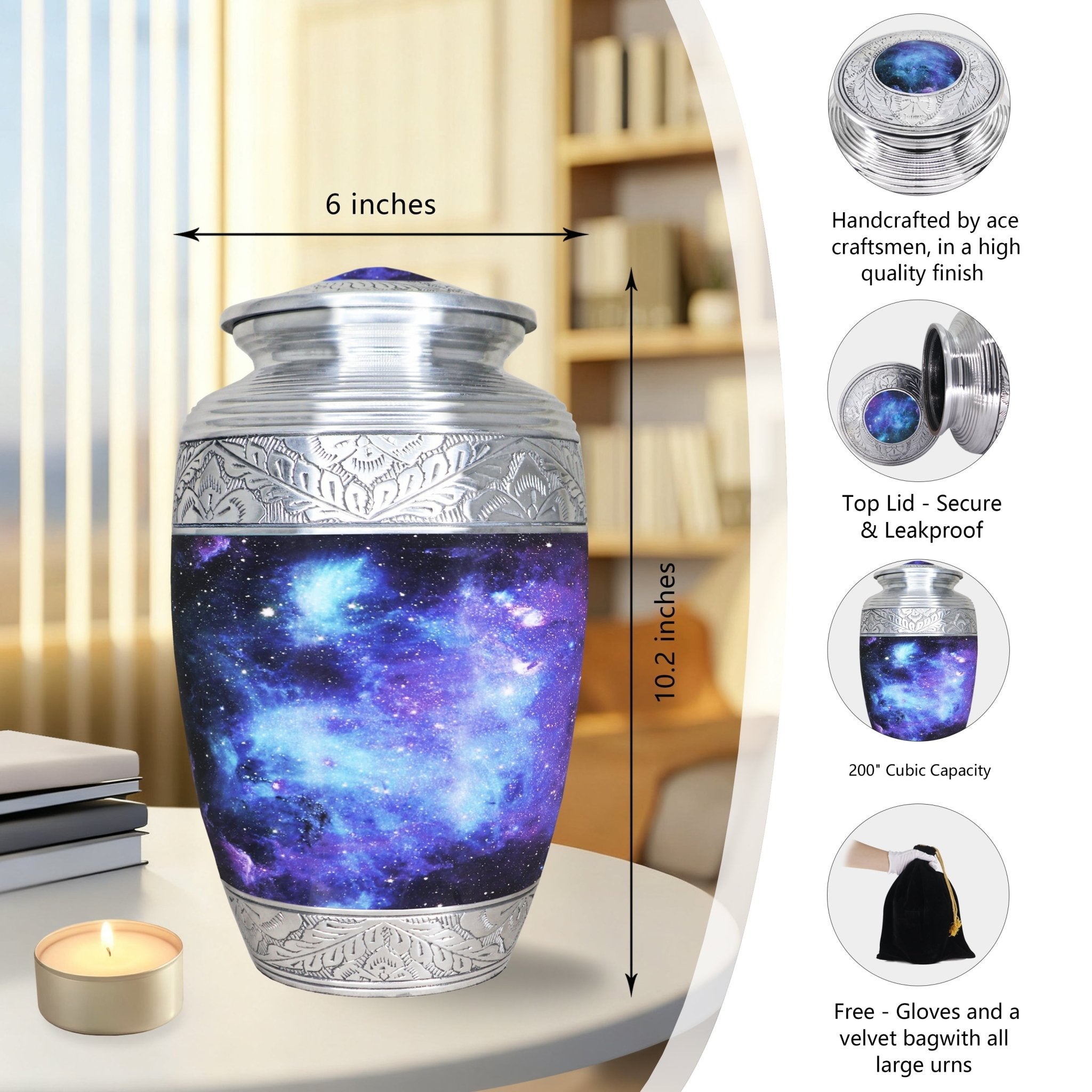 Full-size urn for human ashes with blue cosmic galaxy design, 200 cu in capacity, size guide and memorial accessories