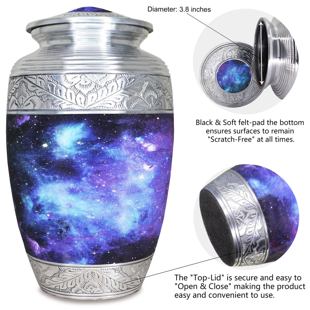 Metal cremation urn with blue cosmic galaxy artwork and secure threaded top lid shown in detailed close-up