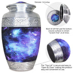Metal cremation urn with blue cosmic galaxy artwork and secure threaded top lid shown in detailed close-up