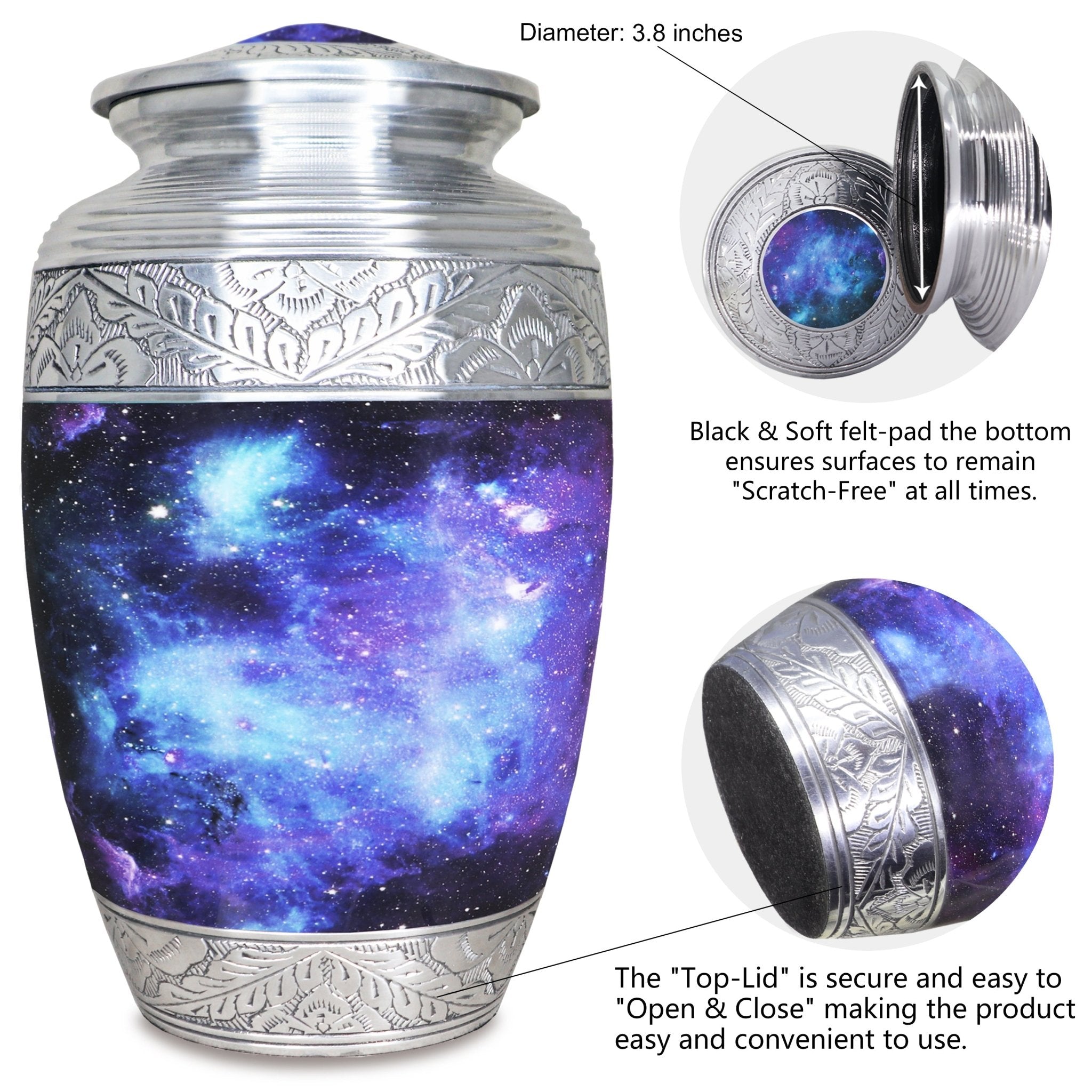 Metal cremation urn with blue cosmic galaxy artwork and secure threaded top lid shown in detailed close-up
