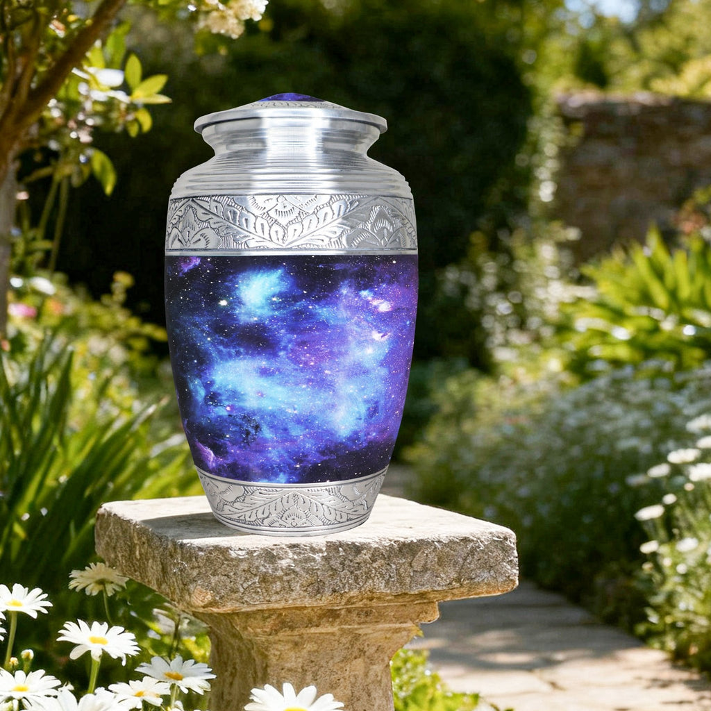 Blue galaxy burial urn displayed outdoors on a garden stone among green foliage for peaceful remembrance