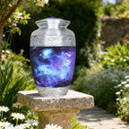 Blue galaxy burial urn displayed outdoors on a garden stone among green foliage for peaceful remembrance
