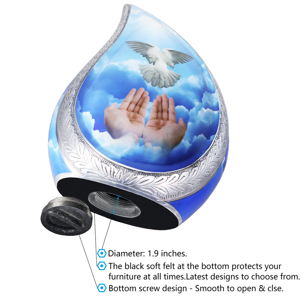 Detailed view of blue sky dove cremation urns for human ashes showing secure screw bottom lid with engraved decorative edge