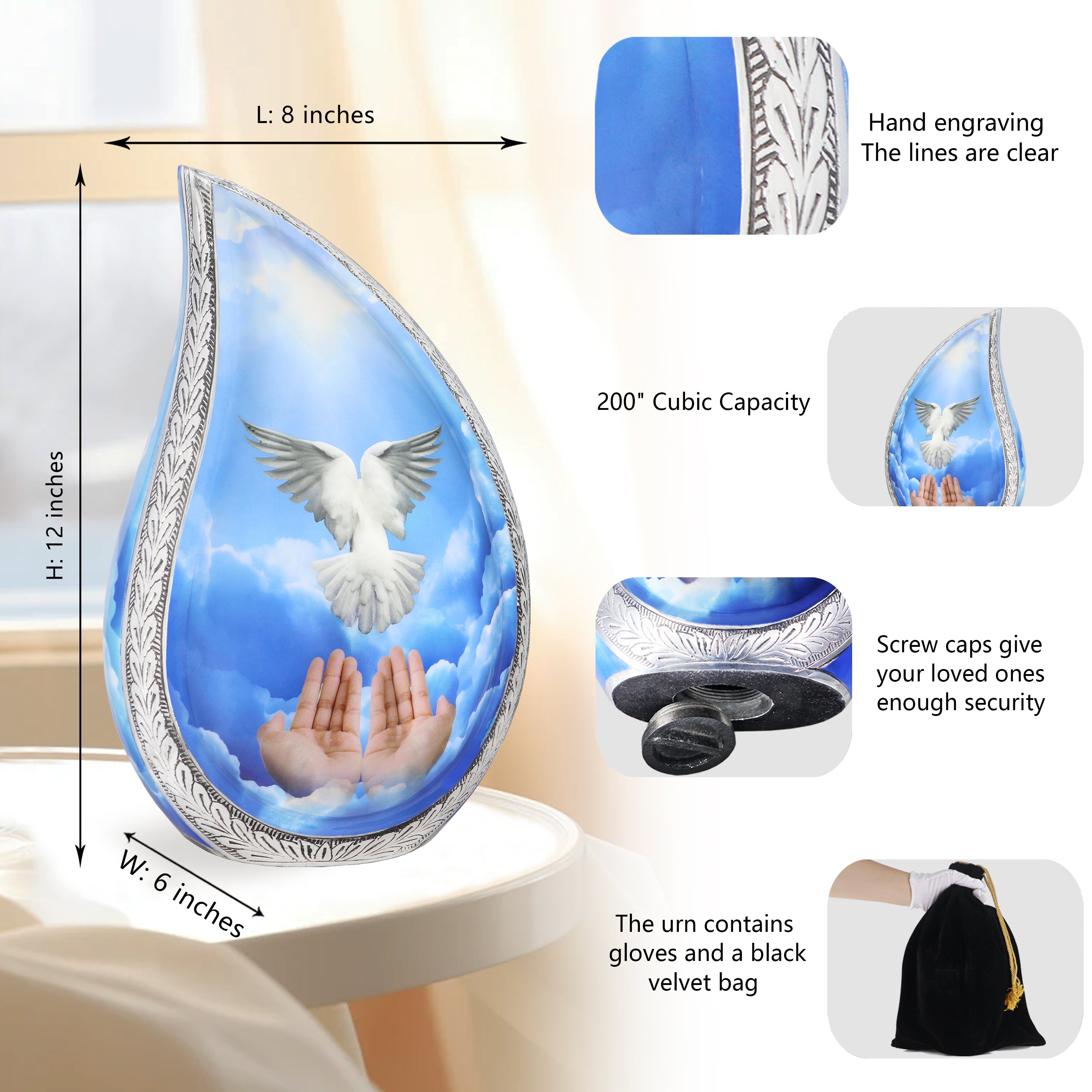 Dimension chart of blue sky dove ashes in an urn aluminum tear drop with engraved trim and full accessory kit