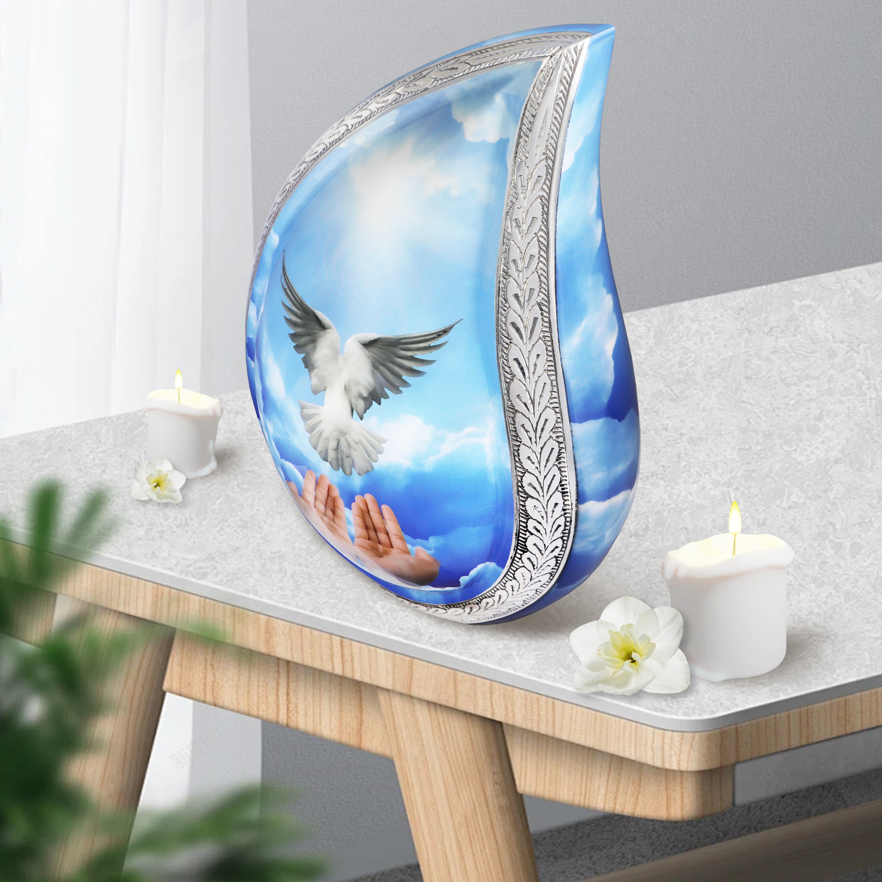 Unique urns for human ashes adult blue sky dove teardrop metal urn on wooden side table with candles for home decor