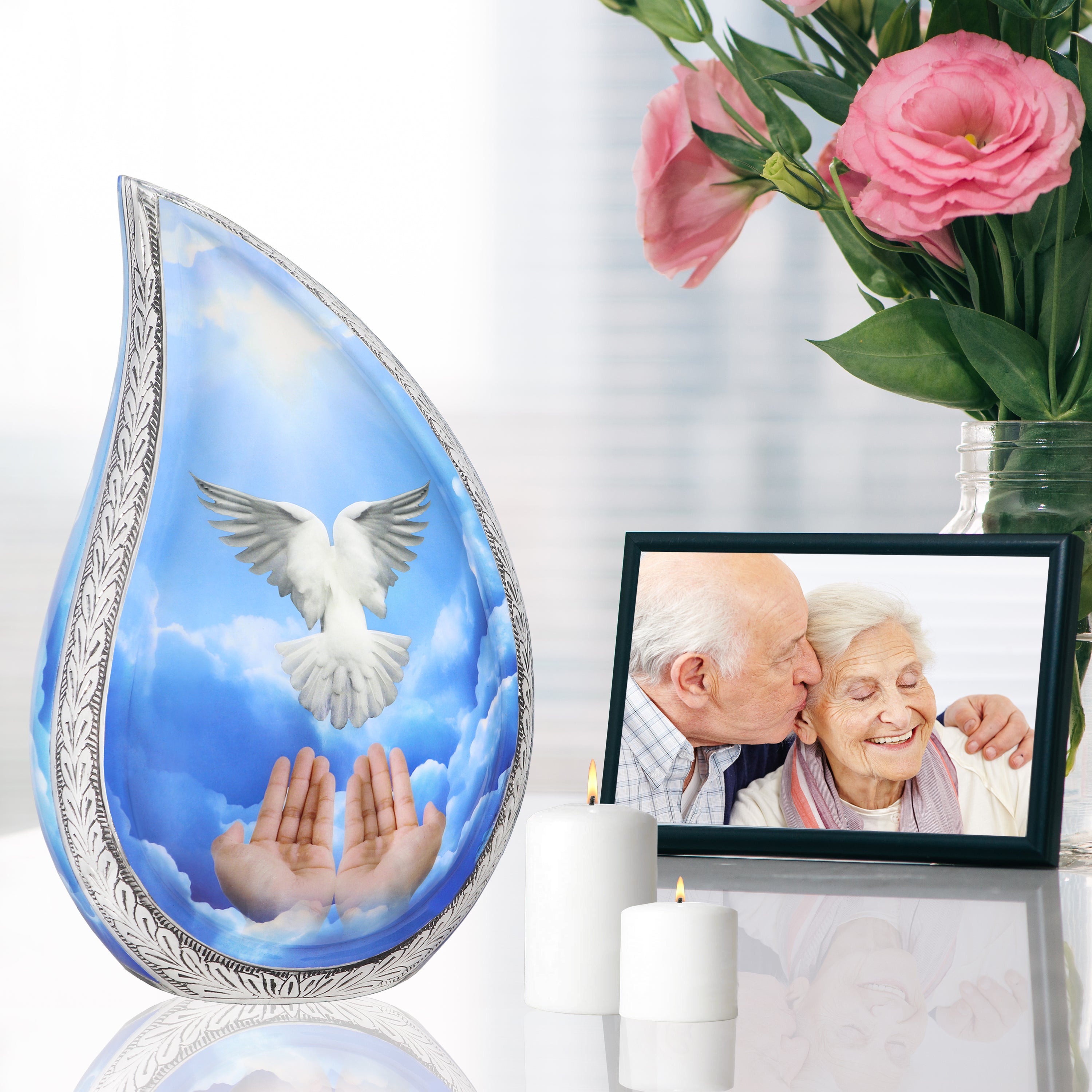 Modern urns for human ashes blue sky dove teardrop aluminum urn with family photo for father remembrance