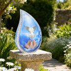 Memorial urns for ashes blue sky dove teardrop aluminum urn resting on stone garden pillar for cemetery tribute