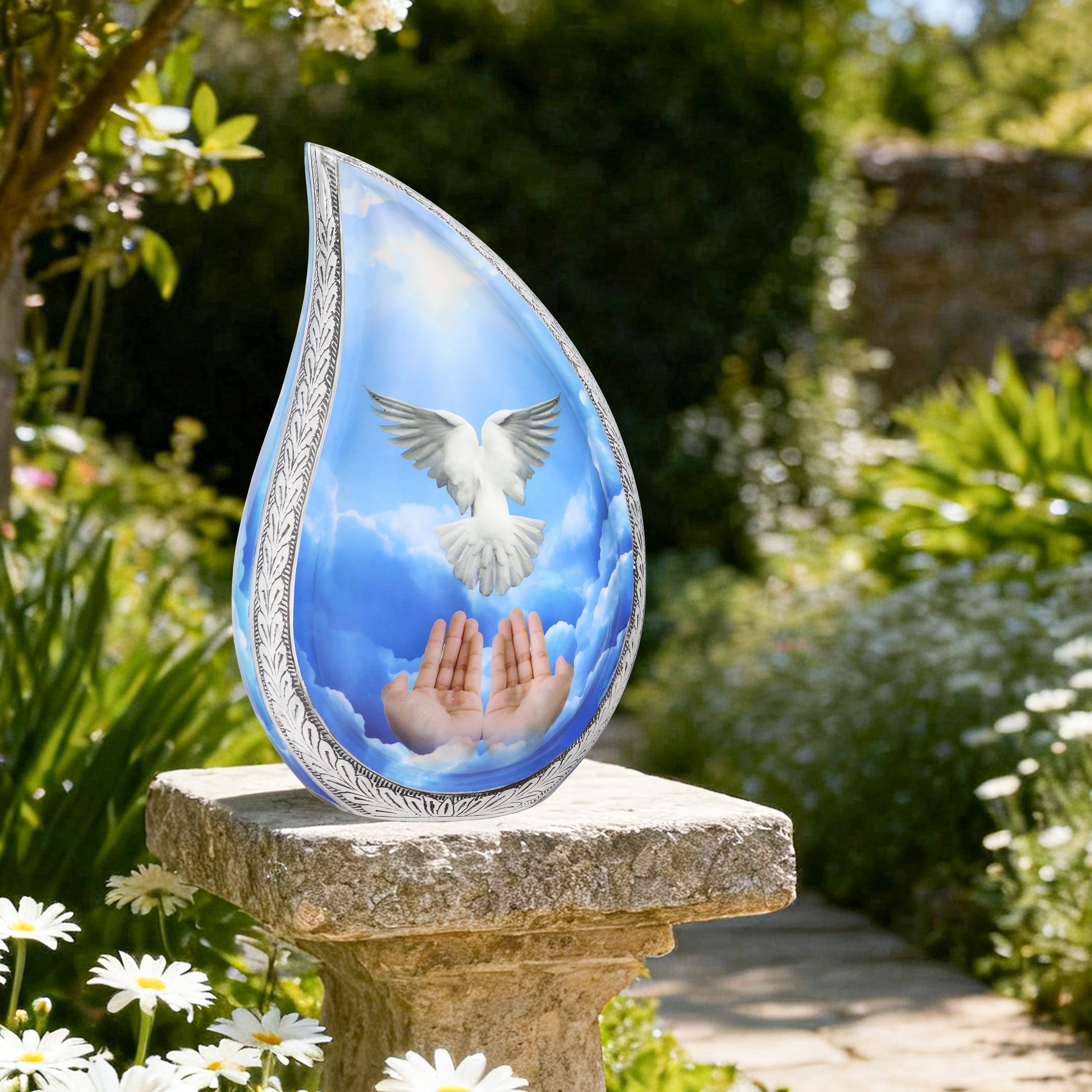 Memorial urns for ashes blue sky dove teardrop aluminum urn resting on stone garden pillar for cemetery tribute