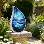 Aurora borealis teardrop cremation urn resting on stone garden pillar for quiet outdoor cemetery memorial tribute