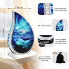 Large capacity teardrop human ashes urn dimension chart showcasing silver textured rim and complete accessory kit layout