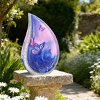 Elegant aluminum butterfly ash vessel resting on stone garden pillar for quiet outdoor cemetery remembrance display