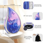 Full capacity aluminum butterfly urn dimension chart displaying silver trim, screw lid and included velvet carry bag