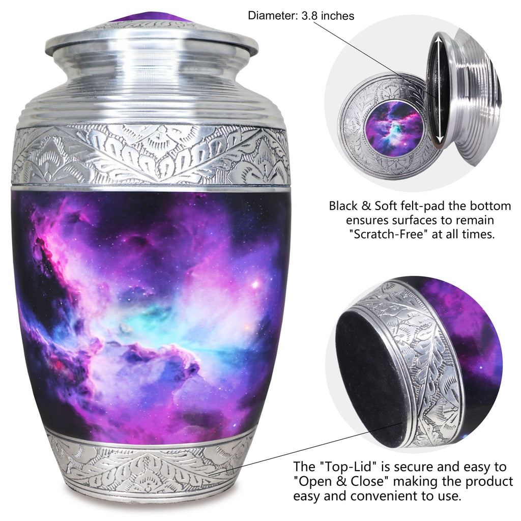 Metal cremation urn with violet cosmic galaxy artwork and secure threaded top lid shown in detailed close-up