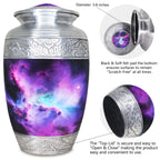 Metal cremation urn with violet cosmic galaxy artwork and secure threaded top lid shown in detailed close-up