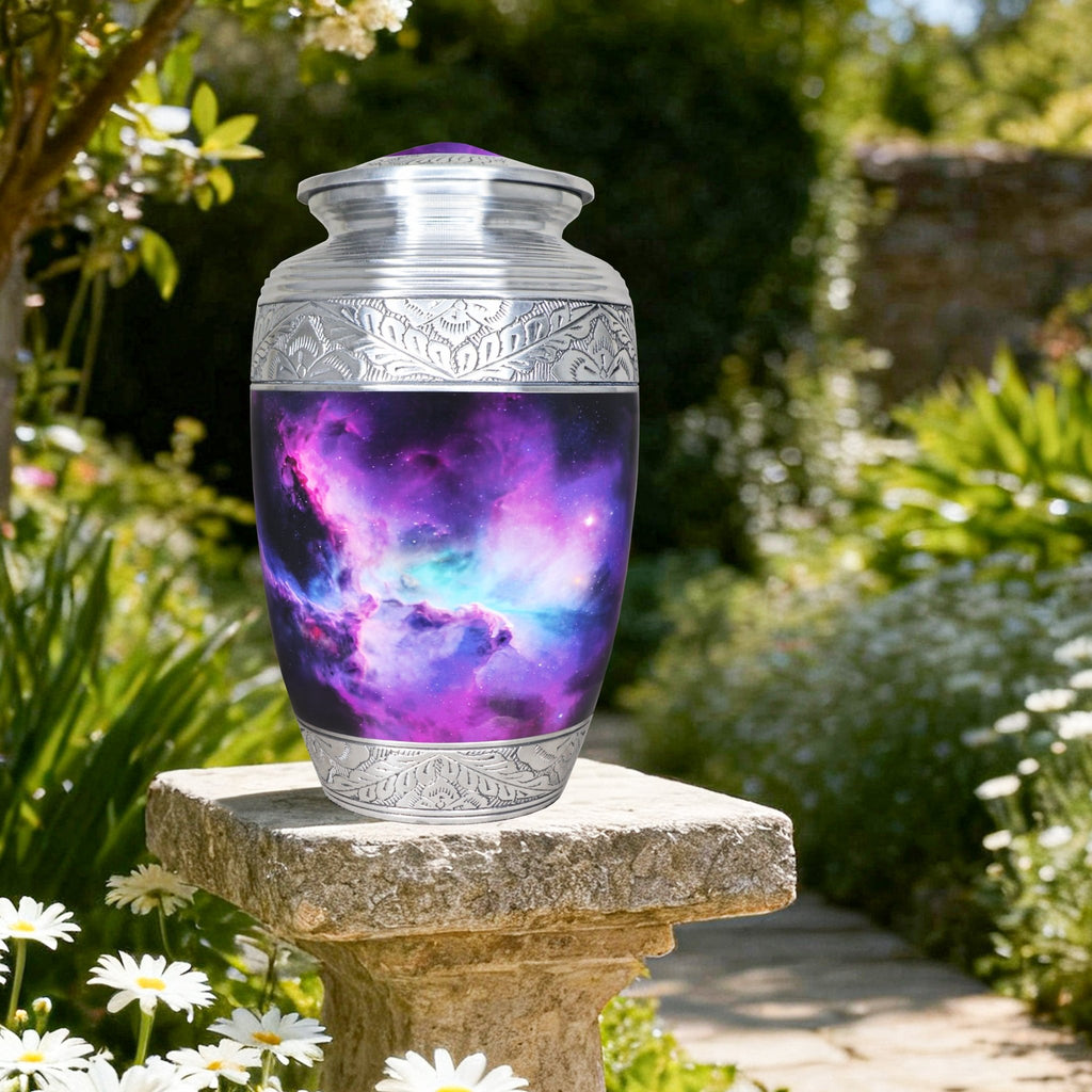 Purple galaxy burial urn for ashes for adults displayed outdoors on a garden stone among green foliage