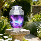 Purple galaxy burial urn for ashes for adults displayed outdoors on a garden stone among green foliage