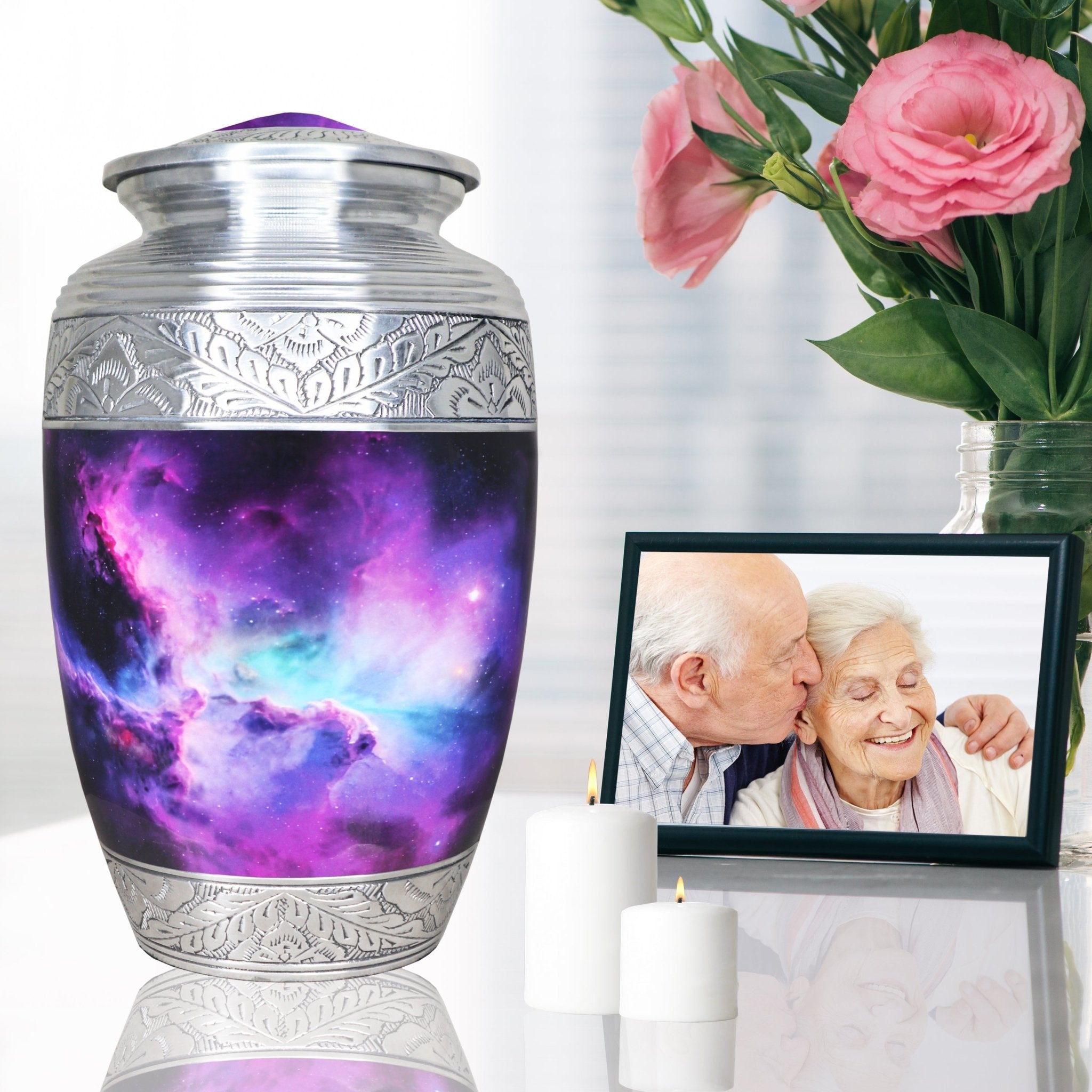 Elegant engraved aluminum funeral urn, iridescent rainbow cosmic galaxy memorial urn with pink blossoms and family portrait