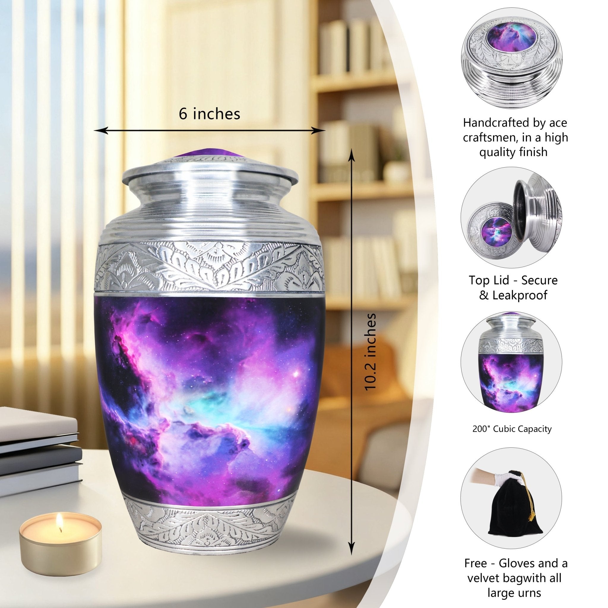 Big engraved aluminum cremation containers for ashes, purple nebula full size urn with dimension chart and accessory set