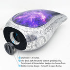 Aluminum tear drop urn with amethyst-inspired galaxy artwork and secure threaded bottom lid shown in detail