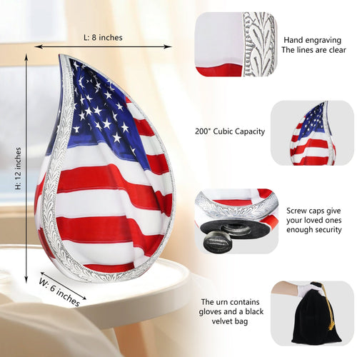 Large urn for human ashes size chart showing 12 x 6.5 x 8.5 in patriotic American flag teardrop design and 200 cu in