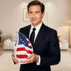 Man holding large unique urns for human ashes adults US flag military teardrop metal urn for veteran hero father