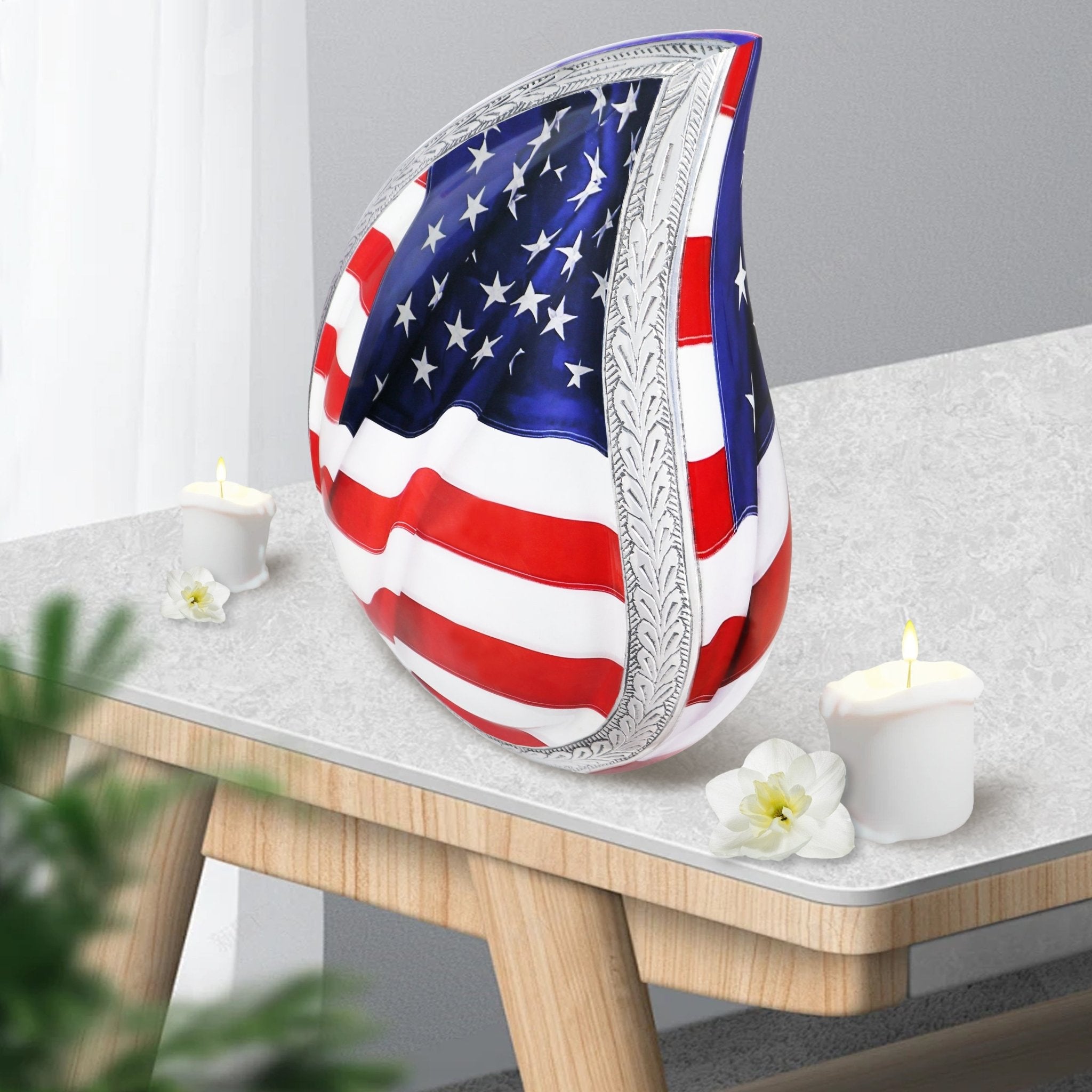 Modern urns for human ashes adult patriotic US flag teardrop aluminum urn on wooden side table for home decor