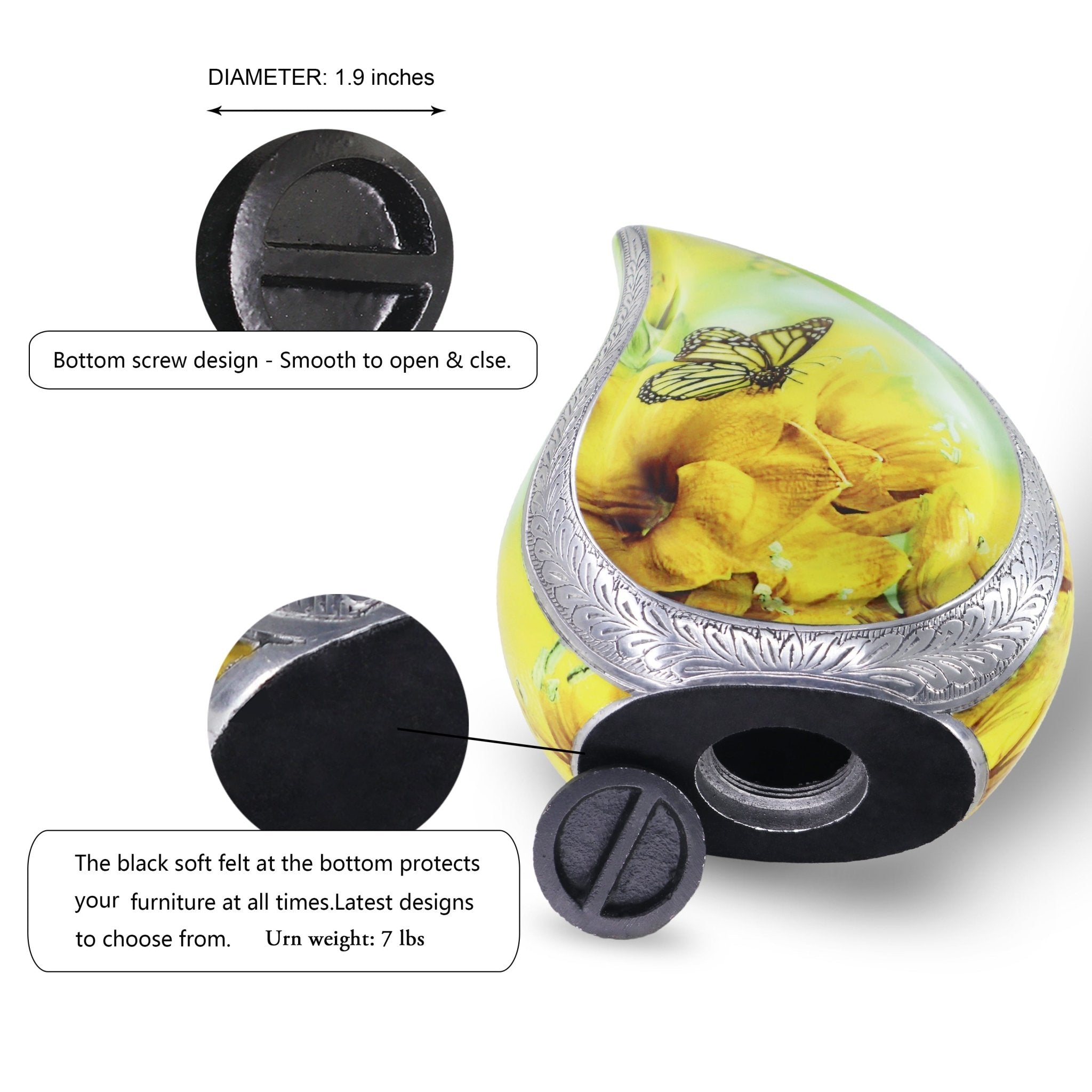 Detailed view of yellow flower butterfly cremation urns showing secure screw bottom lid for safe ash containment
