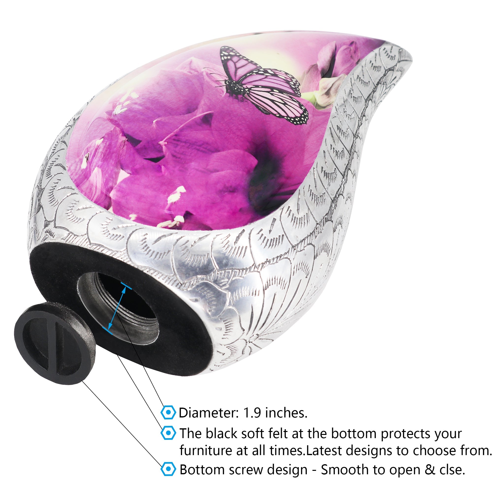 Tilted aluminum memorial ash vessel showing secure twist screw base lid with vivid butterflies purple gradient finish