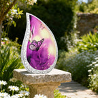 Elegant metal  teardrop ash vessel with butterfly pattern placed on stone pillar for peaceful outdoor grave tribute