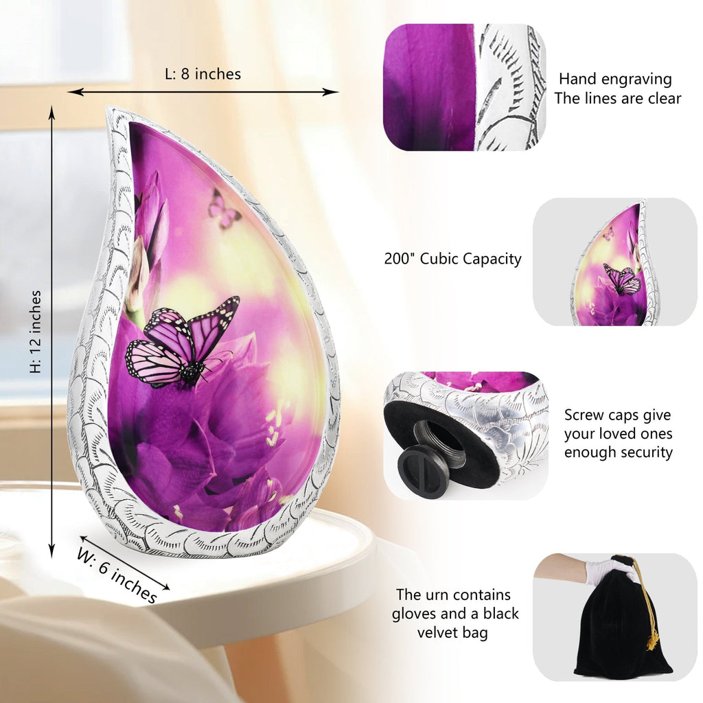 Large aluminum cremation urn measurement chart featuring butterfly print, silver trim and matching velvet storage sack