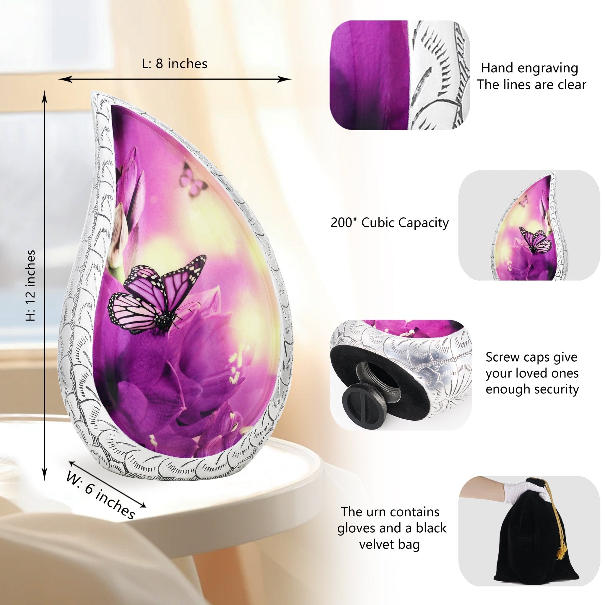 Large aluminum cremation urn measurement chart featuring butterfly print, silver trim and matching velvet storage sack