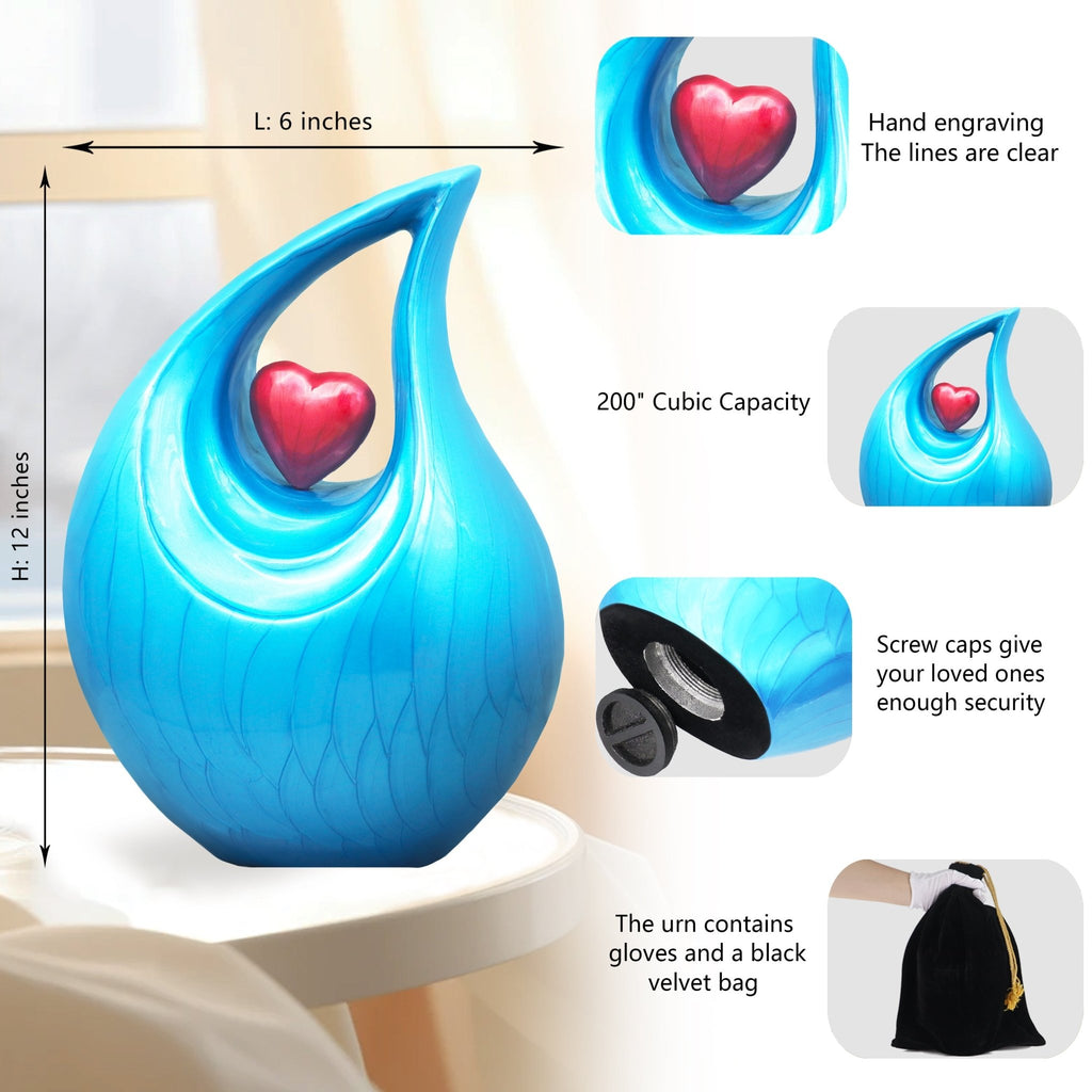 Turquoise teardrop cremation urn accompanied by premium velvet drawstring bag, protective pouch for storage and transport