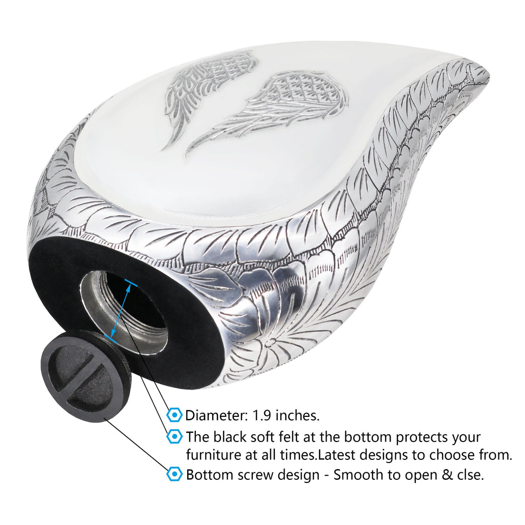 Close up of white angel wings metal cremation urns for ashes showing secure screw bottom lid for safe ash containment