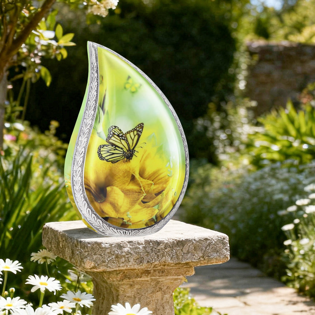 Elegant yellow floral butterfly funeral urn resting on stone garden pillar for peaceful outdoor cemetery remembrance