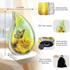 Dimension chart of yellow flower butterfly ashes in an urn aluminum teardrop style with silver trim and accessories