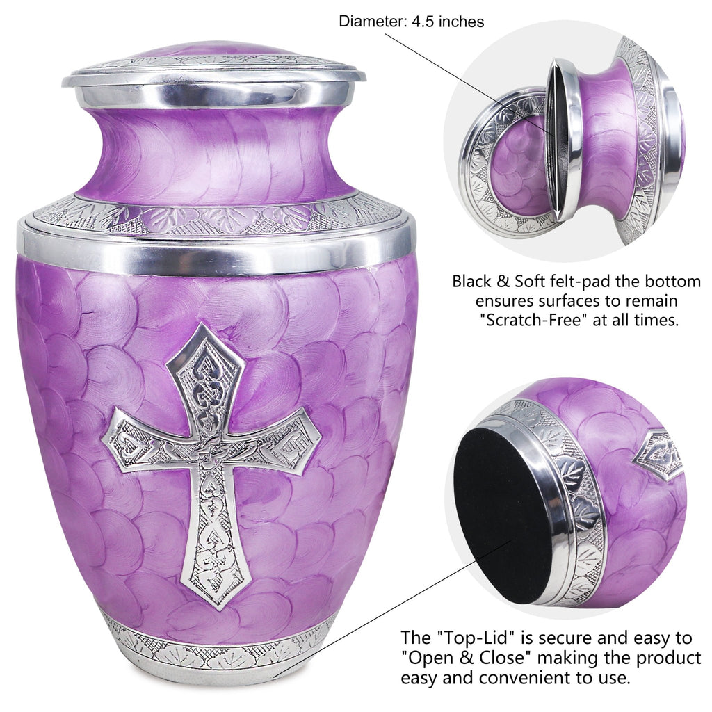Cremation containers crafted from aluminum with threaded closure, purple finish and cross engraving for lasting remembrance