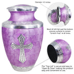 Cremation containers crafted from aluminum with threaded closure, purple finish and cross engraving for lasting remembrance