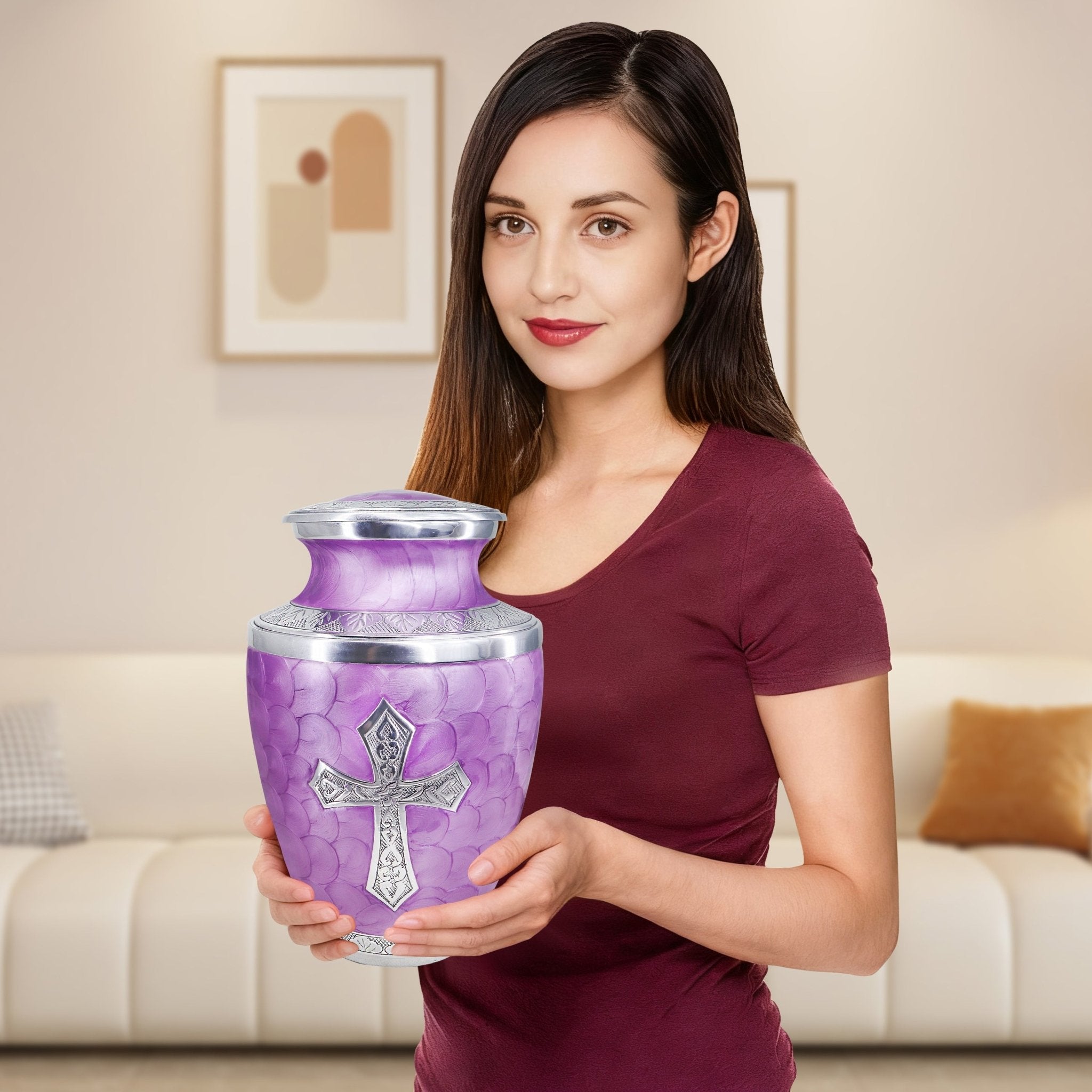 Cremation urns for adults with engraved cross, meaningful memorial gift preserving precious memories of a beloved parent