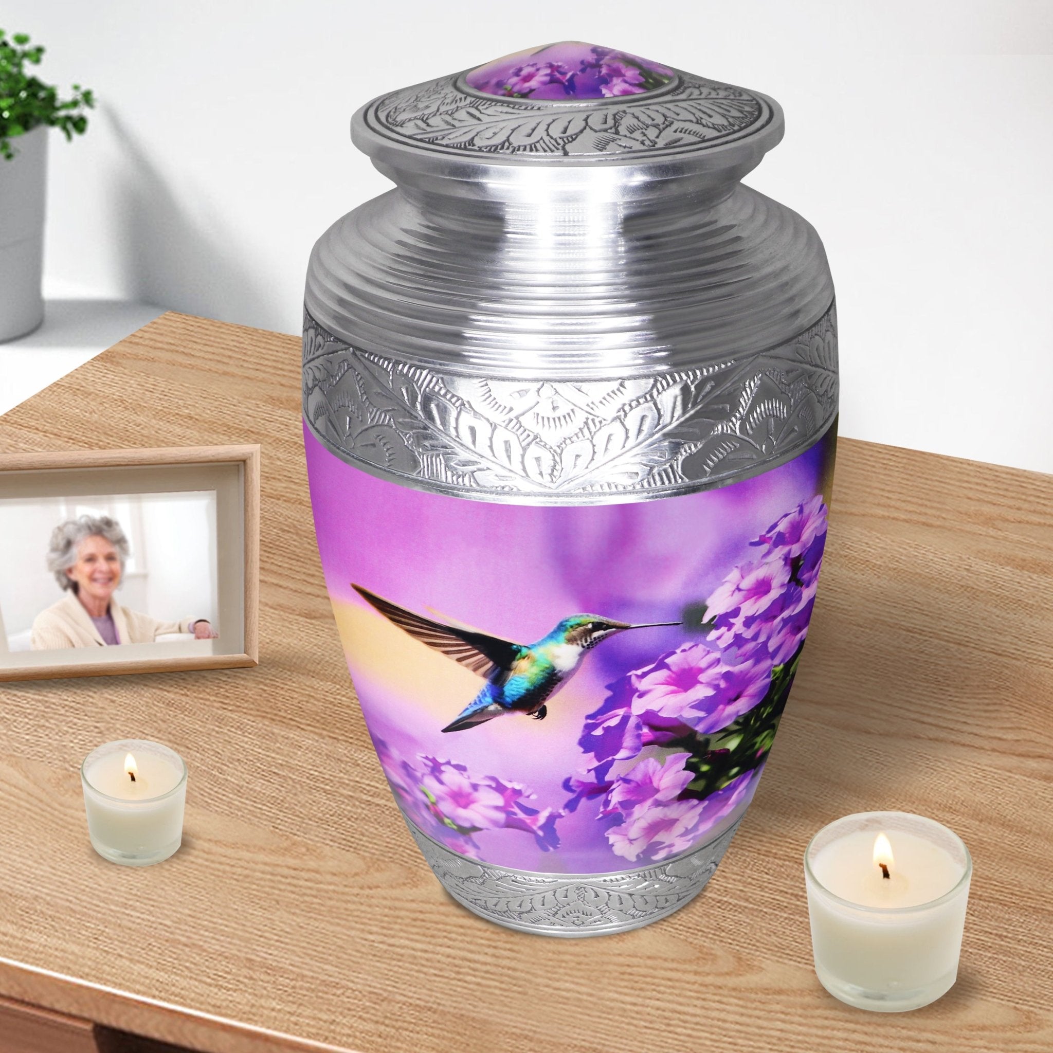 Vibrant floral hummingbird cremation urns feature silver etched bands, full size metal keepsakes for remembering dear father