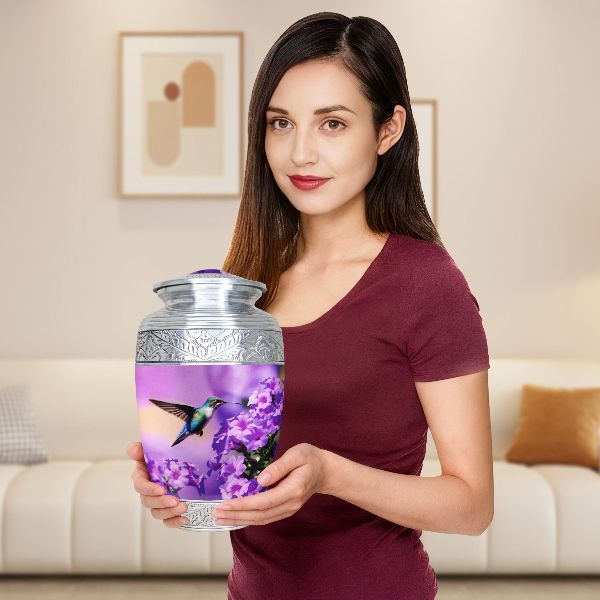 Lady holds lilac hummingbird flower ornate silver edging aluminum cremation urns for adults, tribute for loving mother