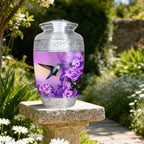 Plum purple hummingbird wildflower silver filigree metal burial urns for ashes for adults, garden tribute for dear father
