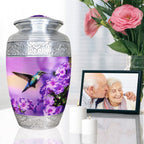 Rich violet hummingbird petal intricate silver engraving metal funeral urn, remembrance of mom and dad with pink blooms