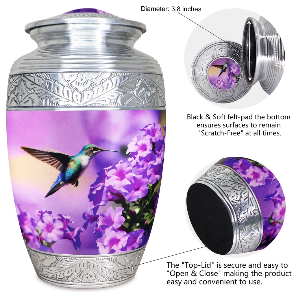 Pastel hummingbird bloom silver rim aluminum cremation containers for ashes, threaded seal lid for cherished dad