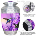 Pastel hummingbird bloom silver rim aluminum cremation containers for ashes, threaded seal lid for cherished dad