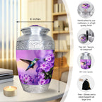 Violet hummingbird spring blooms ornate silver trim metal urns for cremation ashes, full size set honoring dear mother