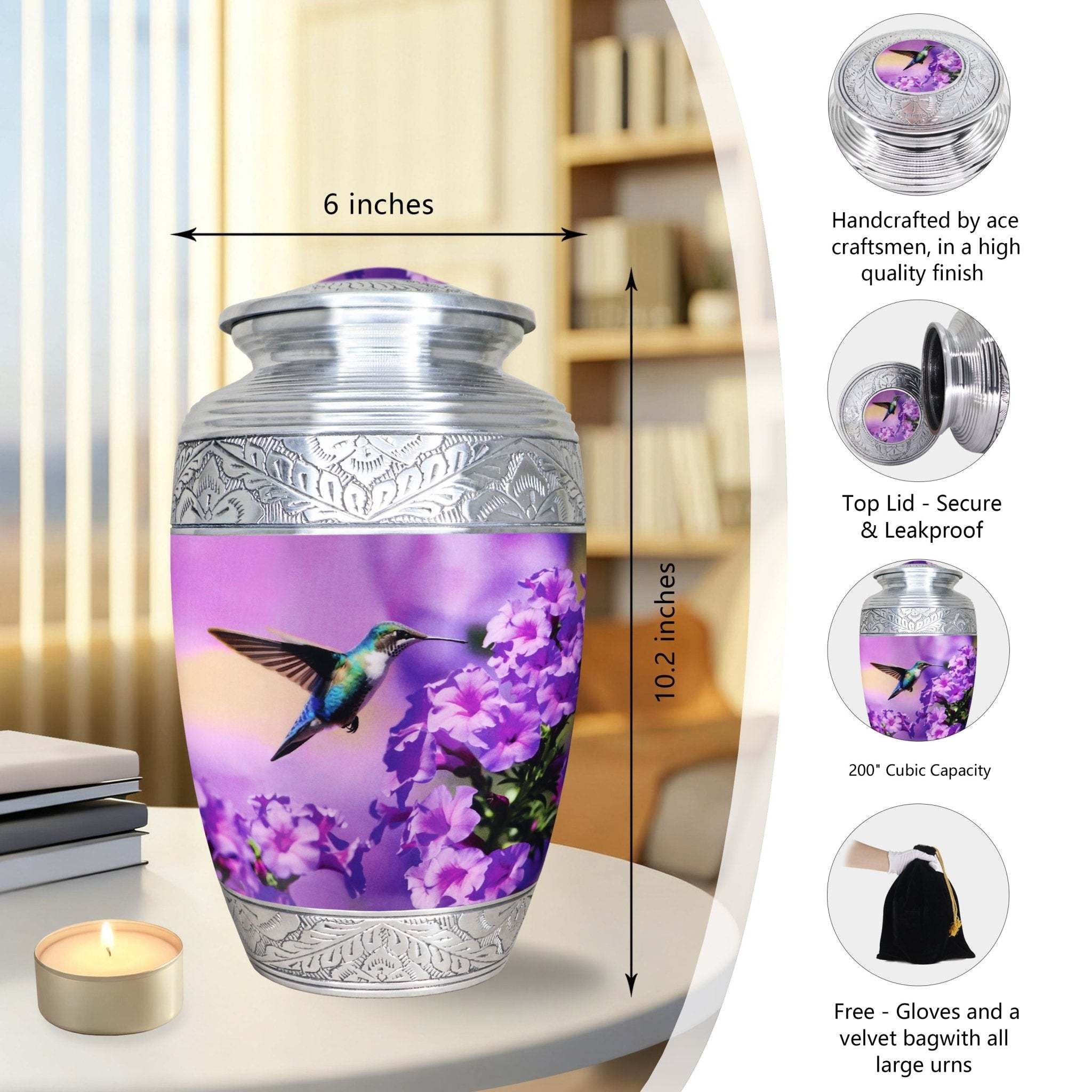 Violet hummingbird spring blooms ornate silver trim metal urns for cremation ashes, full size set honoring dear mother