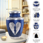 Full size blue etched angel wing cremation urns for adults for father, with size chart and complete accessory set
